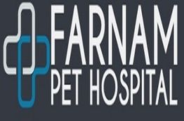 Farnam Pet Hospital logo with blue and grey cross design on dark background.