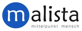 Blau-weißes "malista"-Logo mit dem Slogan "mittelpunkt mensch" darunter.