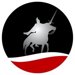Ritter-Silhouette auf Pferd mit Schwert, schwarzer Kreis, unten rot-weiße Kurve.