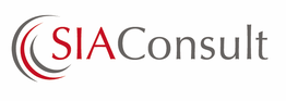 Logo von SIAConsult mit grauen und roten Buchstaben und geschwungenen Linien links daneben.