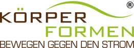 Logo mit Text: "Körper Formen. Bewegen gegen den Strom." Braun-grünes Design.
