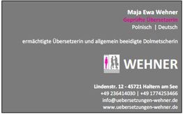 Visitenkarte von Maja Ewa Wehner, Übersetzerin und Dolmetscherin für Polnisch und Deutsch.
