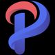 Stylized "P" logo with a red and blue ribbon design on a black background.