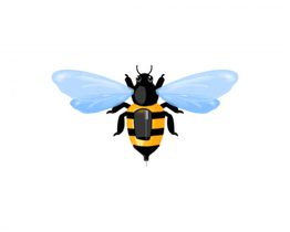 Illustration einer Biene mit blauen Flügeln und schwarz-gelb gestreiftem Körper auf weißem Hintergrund.