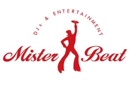 Logo von Mister Beat mit tanzender Figur und Schriftzug "DJs & Entertainment" in Rot.