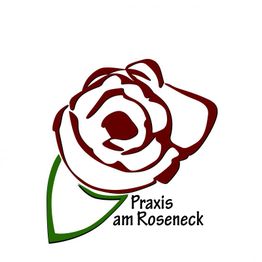 Abstrakte rote Rose mit grünem Blatt, daneben Text "Praxis am Roseneck".