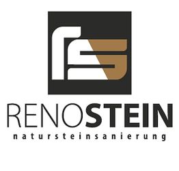 Logo von RenoStein Natursteinsanierung, weißer Hintergrund mit schwarzem und braunem Text.