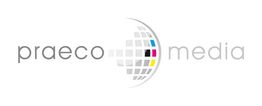 Logo mit dem Text „praeco media“ und einem bunten Raster in der Mitte.