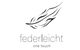 Feder-Logo mit Text "federleicht one touch" darunter.