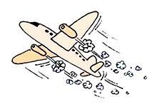 Zeichnung eines fliegenden Flugzeugs mit Rauchwolken hinter den Flügeln.