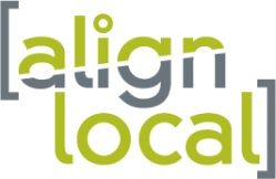 Logo with the words "align local" in gray and green, styled within square brackets.