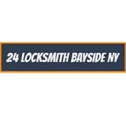 Text reading "24 Locksmith Bayside NY" on a dark background with an orange border.