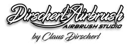 Schwarze und weiße Schrift "Dirscherl Airbrush Studio by Claus Dirscherl" in geschwungenem Stil.