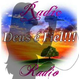 Silhueta de cantora, céu colorido, árvore e texto: "Rádio Deus é Fiel!!! Rádio".