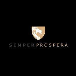 Schwarzes Logo mit Löwenwappen und der Aufschrift "SEMPER PROSPERA" in Gold und Grau.