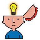 Ilustración de una persona sonriente con un cerebro abierto y una bombilla encendida sobre su cabeza.