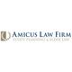 Amicus Law Firm logo with laurel design, specializing in estate planning and elder law.