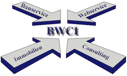 Pfeildiagramm mit BWCI-Zentrum, umgeben von Bauservice, Webservice, Immobilien, Consulting.