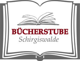 Offenes Buch mit der Aufschrift "Bücherstube Schirgiswalde" in Rot und Grau.