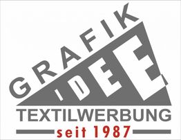 GRAFIKE IDEE Logo mit Text "TEXTILWERBUNG seit 1987" in Grau und Rot.
