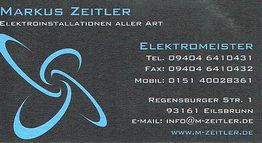 Visitenkarte eines Elektromeisters mit Kontaktdaten und Firmenlogo auf schwarzem Hintergrund.