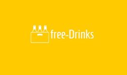Gelbes Bild mit weißen Flaschen und Text "free-Drinks".
