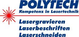 Polytech-Logo mit rotem Laserstrahl, Text: "Kompetenz in Lasertechnik. Lasergravieren, Laserschneiden."