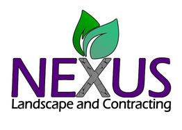Logo with text "Nexus Landscape and Contracting" in purple with green leaves above the 'X'.