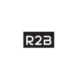 Zwart logo met witte tekst "R2B" in een rechthoek.