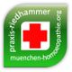 Grünes Quadrat mit rotem Kreuz, Text: "praxis-riedhammer muenchen-homoeopathie.org".