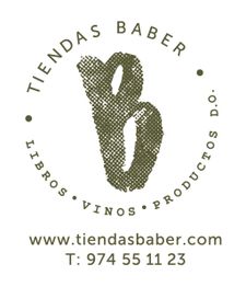 Logo de Tiendas Baber con texto: libros, vinos, productos D.O. y contacto web y teléfono.