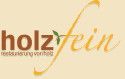 Logo mit Schriftzug "holzfein" und einem Blatt. Darunter steht "restaurierung veredeln".
