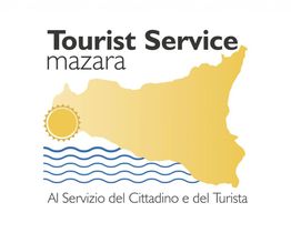 Mappa di Mazara del Vallo con sole e onde, testo: "Tourist Service Mazara".