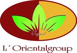 Logo mit grünem Blatt auf zweifarbigem ovalem Hintergrund, Text: "L' Orientalgroup".