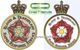 Two circular badges for Blood & Transplant Rapid Response Service with crowns and roses.