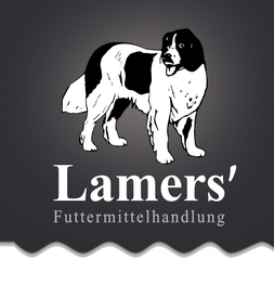 Logo: Ein schwarz-weißer Hund über dem Schriftzug "Lamers' Futtermittelhandlung".