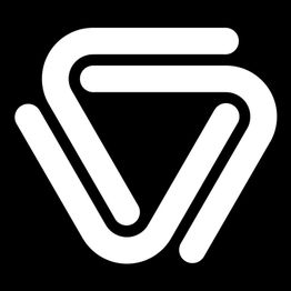 Abstraktes weißes Symbol aus ineinander verlaufenden Linien auf schwarzem Hintergrund.