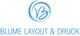 Blaues Logo mit VB-Kreis und Text: „Blume Layout & Druck“.