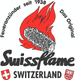 Logo von Swissflame mit brennendem Holzscheit, Text: "Feueranzünder seit 1938, Das Original".