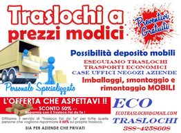 Annuncio di traslochi a prezzi modici con servizi di deposito e sconto. Contatti: ecotraslochi@gmail.com.