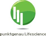 Grünes rundes Logo mit weißen Linien und Text "punktgenau.Lifescience" darunter.