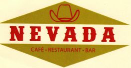 Logo mit Cowboyhut, Text: "NEVADA Café Restaurant Bar" in rot und gold auf beigem Hintergrund.