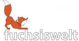 Ein Fuchs streckt sich über dem Text "fuchsiswelt" auf weißem Hintergrund.