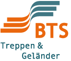 Buntes Logo mit stilisierten Treppen, Text "BTS Treppen & Geländer" in Blau und Orange.