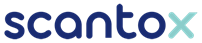 Logo med teksten "scantox" i mørkeblå og lyseblå farver.