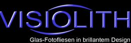 Schwarzer Hintergrund mit blauem "VISIOLITH"-Logo, darunter Text: "Glas-Fotofliesen in brillantem Design".