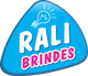 Logotipo azul com texto "Rali Brindes" em branco e rosa, com ícone de lâmpada acima.