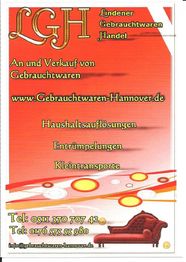 Rotes Poster für Lindener Gebrauchtwarenhandel mit Kontaktdaten und Dienstleistungen.