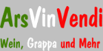 Logo mit Text: "ArsVinVendi" und "Wein, Grappa und Mehr", in grün, weiß, rot auf grauem Hintergrund.