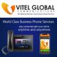 Vitel Global phone services, featuring a desk phone and smartphone with text about connectivity.